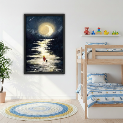 Dreamy moonlit girl black cat night walk framed canvas wall art in bedroom, black frame, dark blue watercolor painting with crescent moon and shooting star, cozy bedroom wall decor