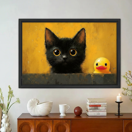 Black Cat & Rubber Duck Framed Canvas Wall Art Print|Liberty Signs#L1949