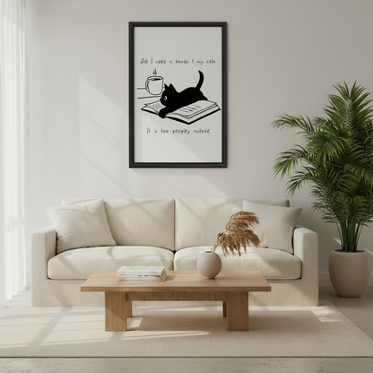 Humorous cat and books quote canvas art, minimalist black and white wall print