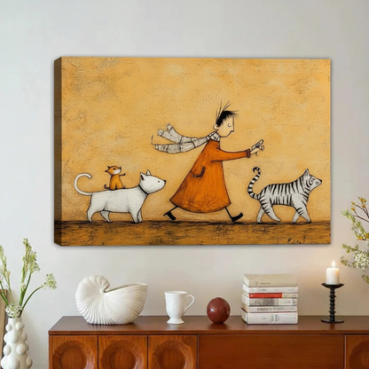 Whimsical Dog Cat Walk Framed Canvas Wall Art|Liberty Signs#L1900
