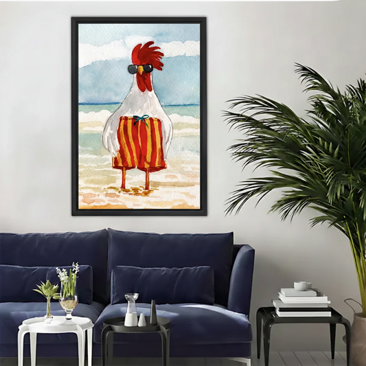 Rooster at the Beach Funny Watercolor Framed Canvas Wall Art|Liberty Signs#L1961