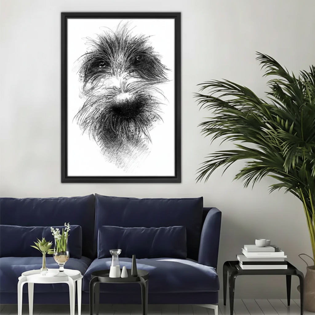 Fluffy Dog Sketch Wall Art – Black & White Charcoal Portrait Canvas Print| Liberty Signs#L928
