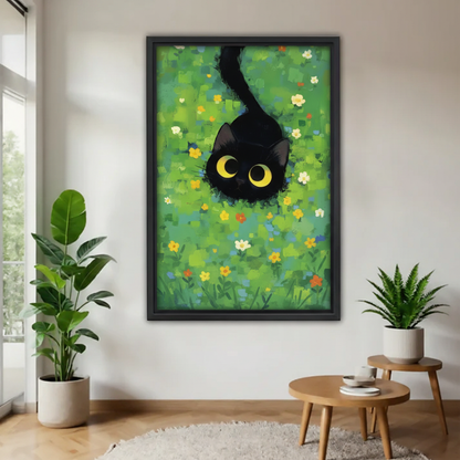 Black Cat in Flower Meadow Wall Art - Whimsical Garden Print|Liberty Signs #L923