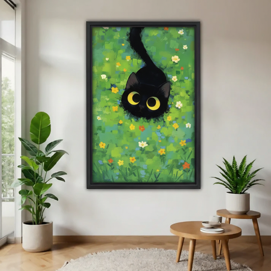 Black Cat in Flower Meadow Wall Art - Whimsical Garden Print|Liberty Signs #L923