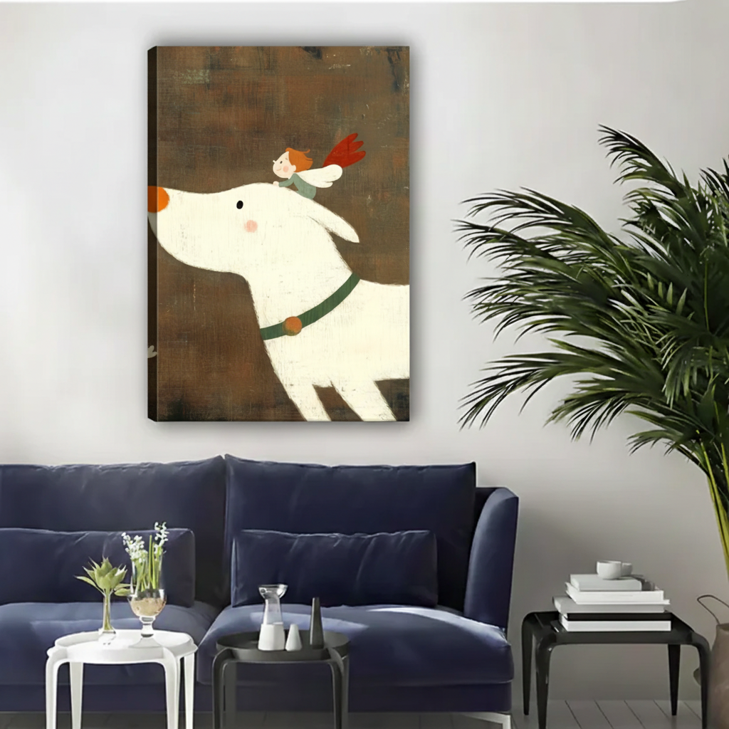 Whimsical Boy Flying on White Dog Framed Canvas Print|Liberty Signs#L1910