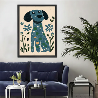 Blue Folk Art Dog Canvas Wall Art — Framed Floral Print|Liberty Signs#L1819