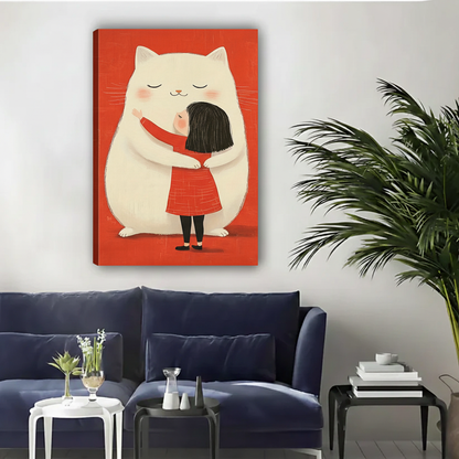 Girl Hugging Giant White Cat Framed Canvas Wall Art|Liberty Signs#L1923