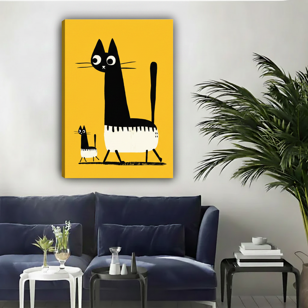 Whimsical big and small black cat illustration canvas wall art unframed above navy blue sofa with palm plant in contemporary living room
