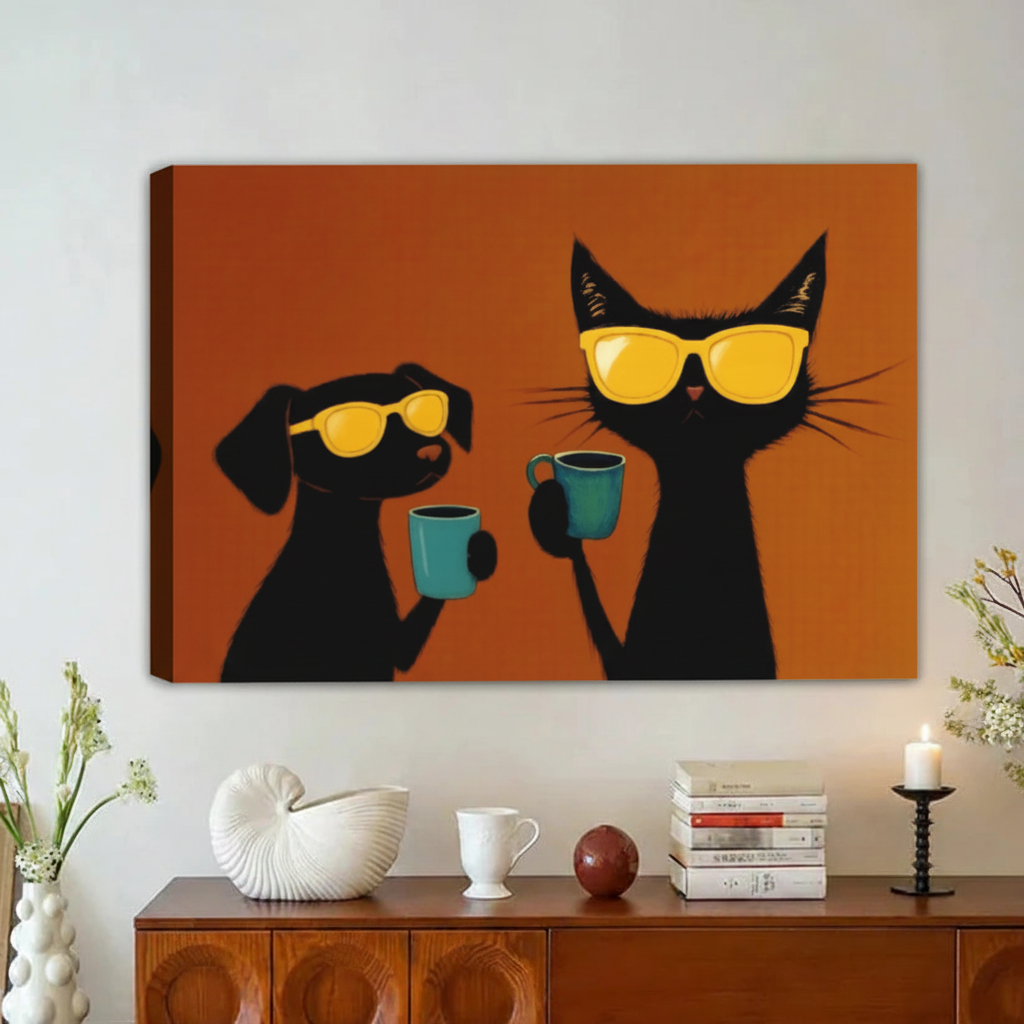 Cool Cat & Dog Coffee Framed Canvas Wall Art|Liberty Signs#L1856
