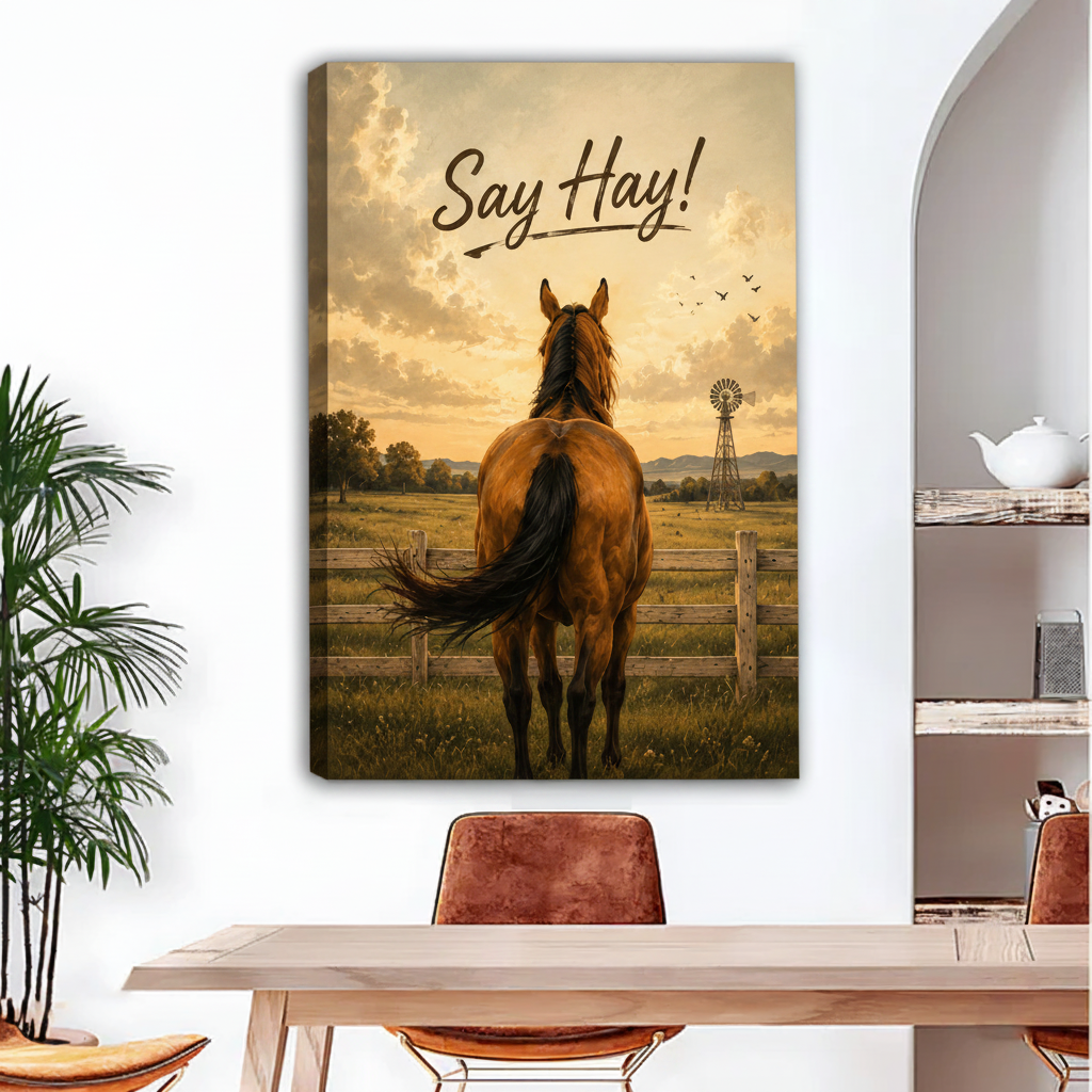 Rustic horse at sunset oil painting canvas — gallery wrap print displayed in a bright dining room with arch doorway