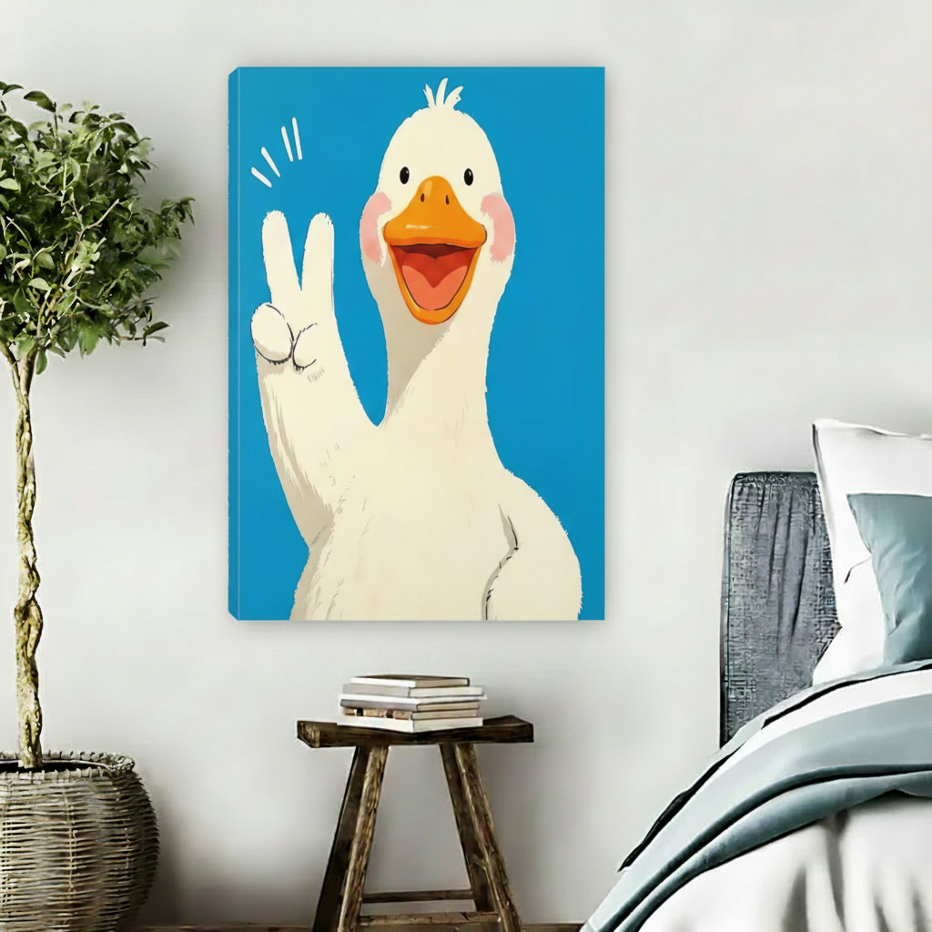 Cute duck giving peace sign canvas art print, cartoon illustration on blue background, fun kids room wall decor