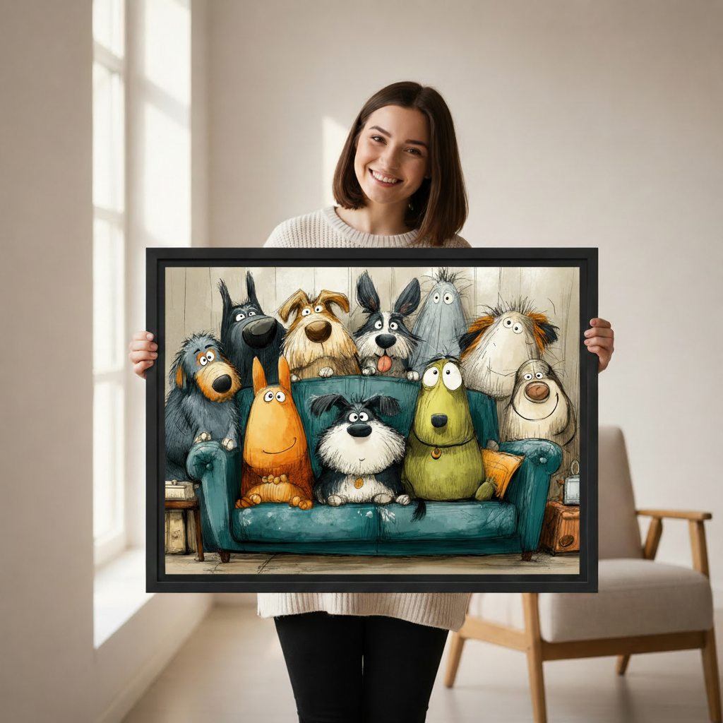 Hand-held funny cartoon dogs on sofa canvas print, whimsical dog lover wall art close-up detail shot