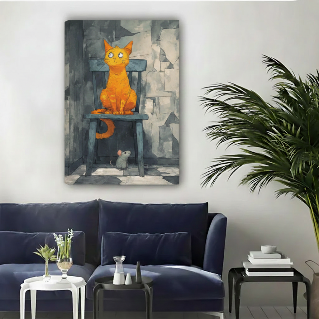 Unframed canvas cat and mouse storybook illustration wall art in contemporary living room decor