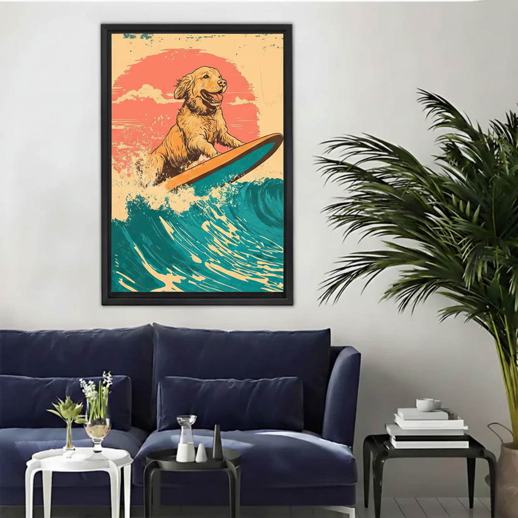Surfing Golden Retriever Retro Canvas Wall Art Framed Print|Liberty Signs#L1791