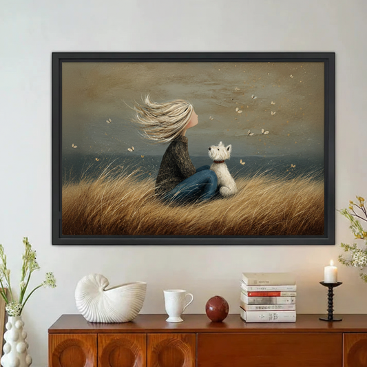 Girl and Dog in Windswept Field Framed Canvas Wall Art|Liberty Signs#L1913