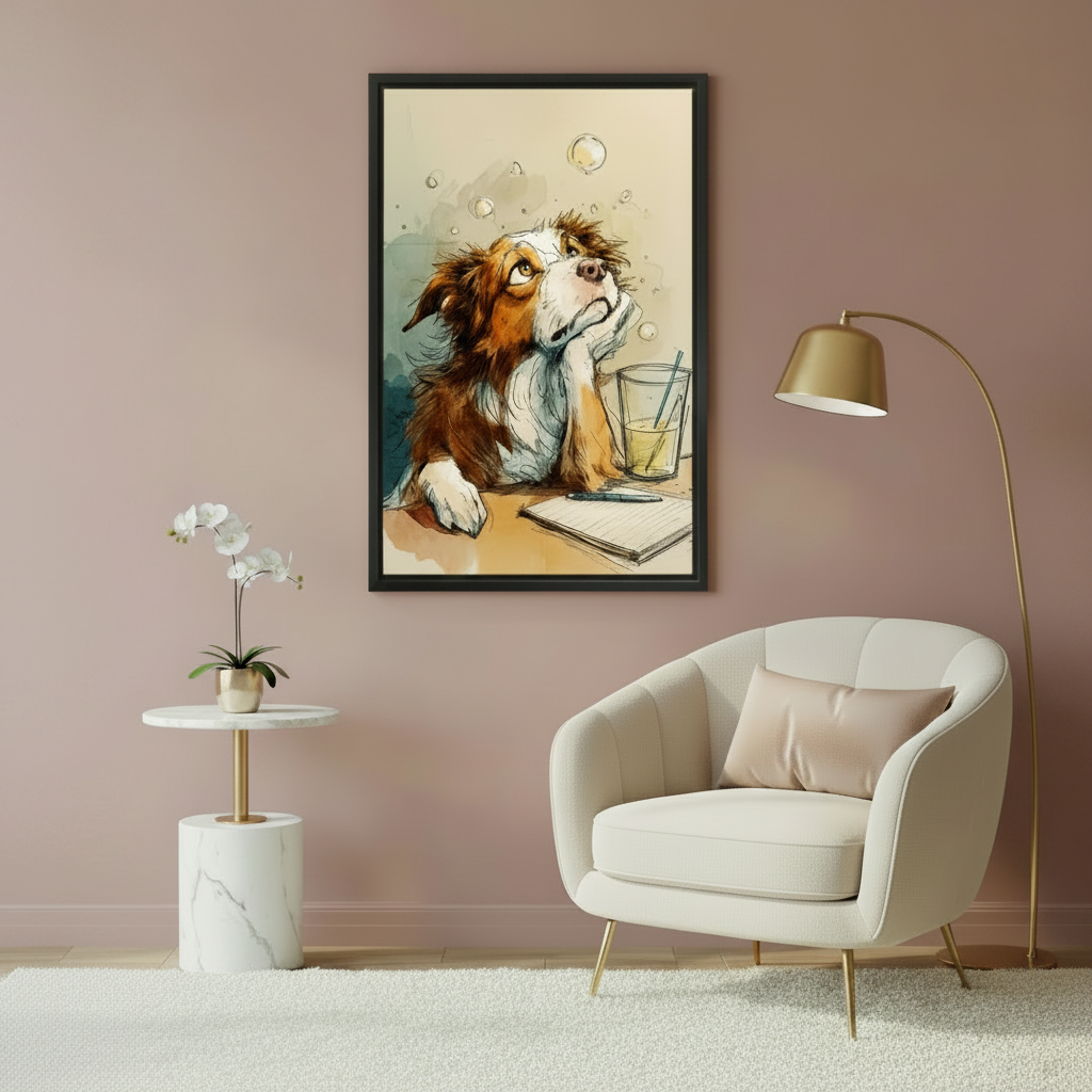 Whimsical daydreaming dog watercolor art print in black frame on blush pink wall above cream armchair with gold floor lamp