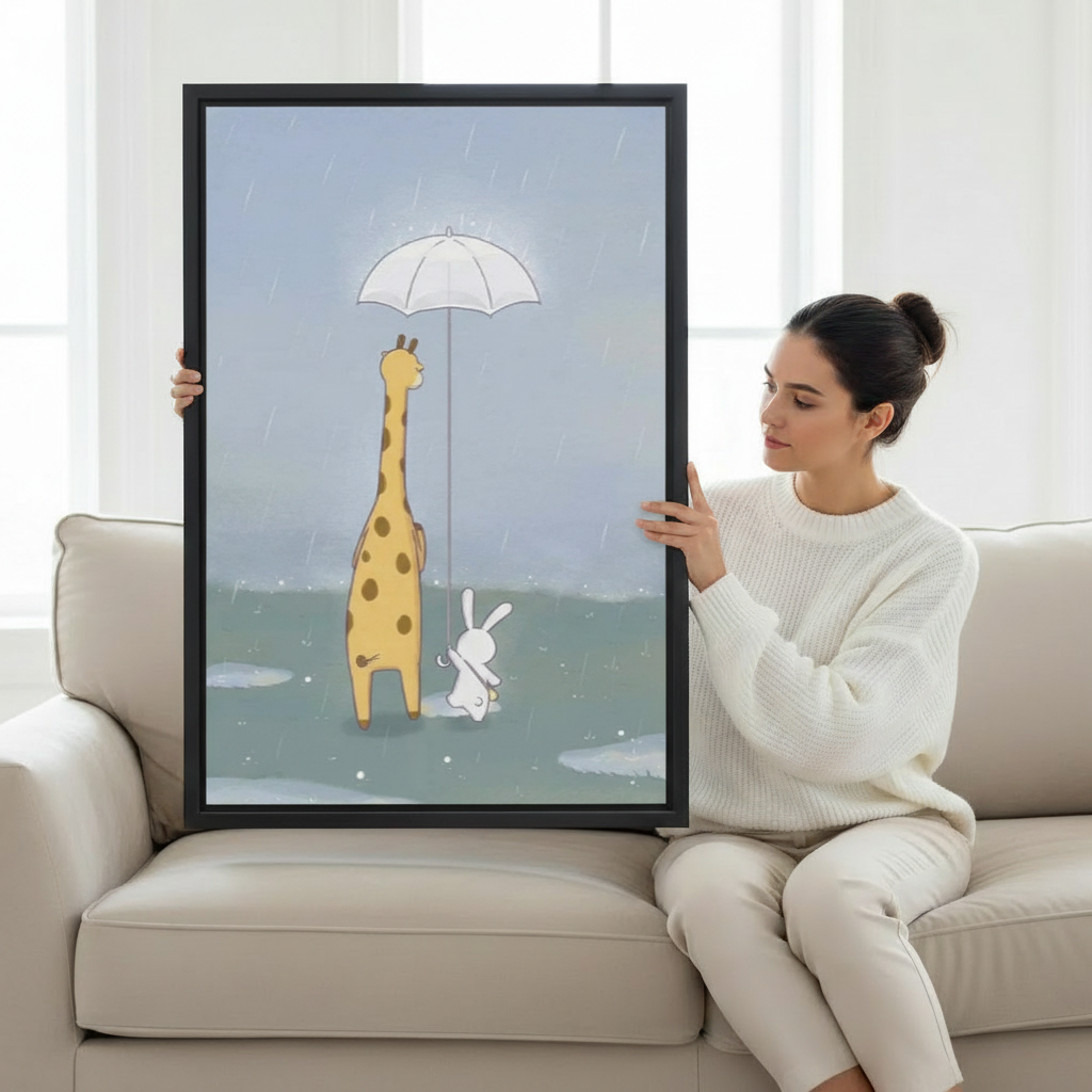 Woman holding large framed giraffe and rabbit rainy day illustration art print showing actual print size on cream sofa
