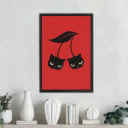 Funny black cat cherry red background wall art print in black frame on white shelf with white ceramic vases and green plants in modern home decor
