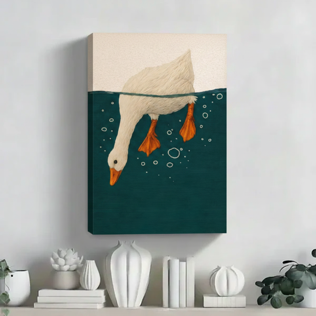 White goose diving into teal water float frame canvas wall art displayed on white shelf with sculptural ceramic decor