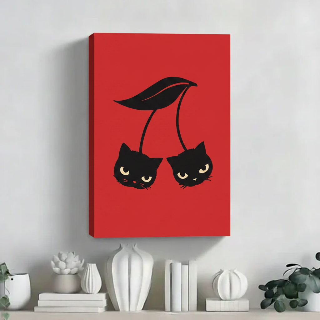Whimsical black cat cherry illustration canvas wall art unframed on white shelf with sculptural vases and succulents in contemporary interior