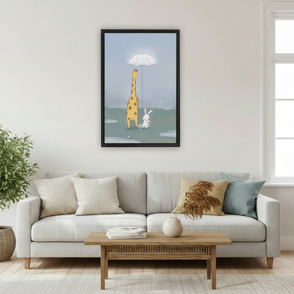 Whimsical giraffe and bunny friendship wall art print in black frame above light grey sofa with rattan coffee table in Scandinavian living room