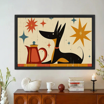 Mid-Century Modern Black Dog Retro Framed Canvas Wall Art|Liberty Signs#L1895