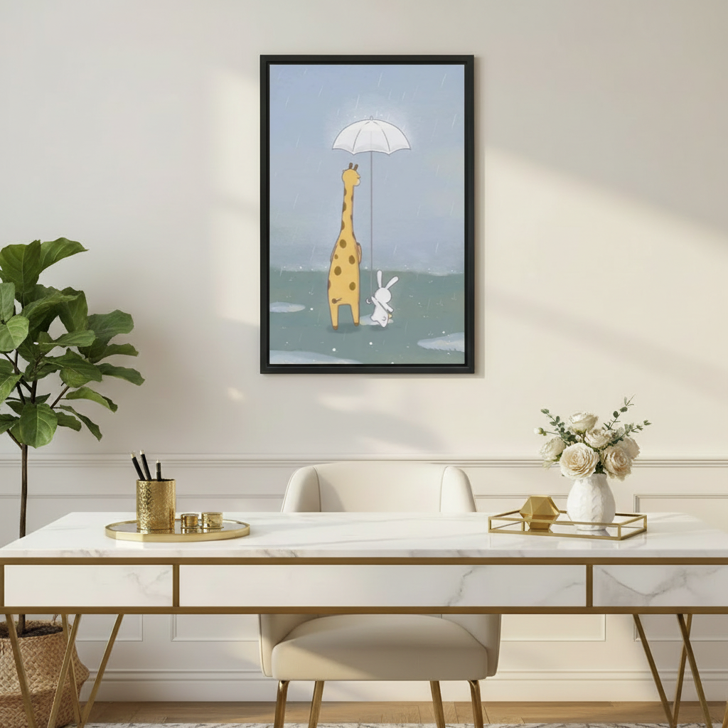 Giraffe sheltering bunny in rain illustration wall art print in black frame above marble gold-leg desk with white roses in elegant home office