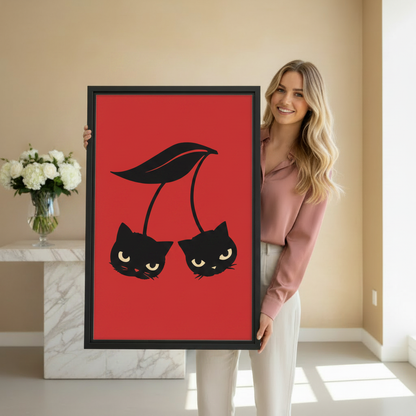 Woman holding large framed black cat cherry red pop art print showing actual print size in bright beige hallway with white roses