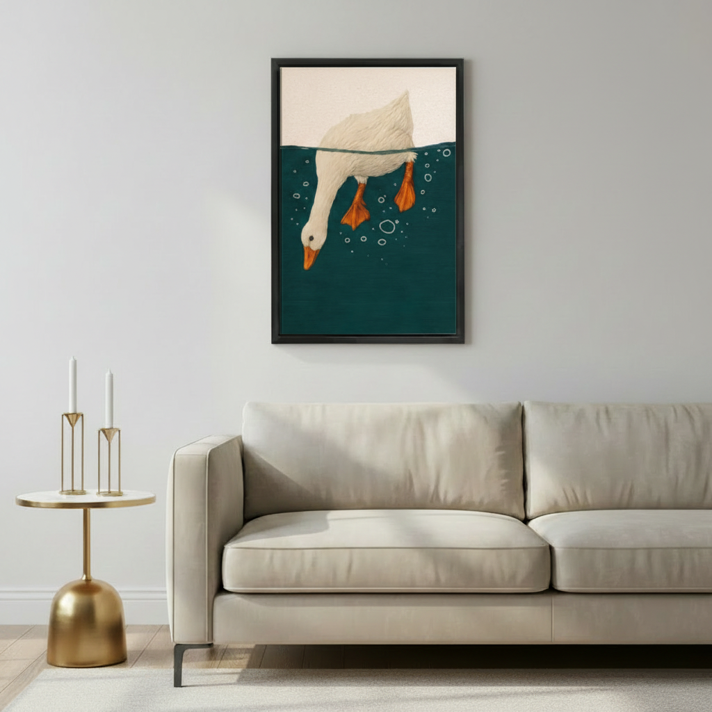 Whimsical goose diving art print in black frame above cream sofa in Scandinavian living room with brass candle holders