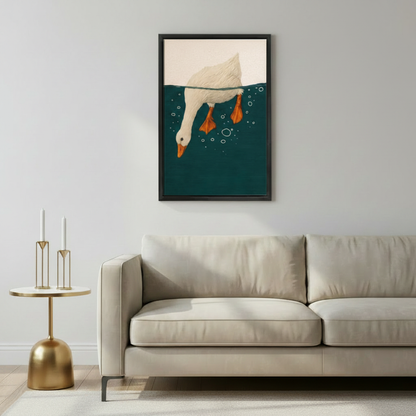 Whimsical goose diving art print in black frame above cream sofa in Scandinavian living room with brass candle holders