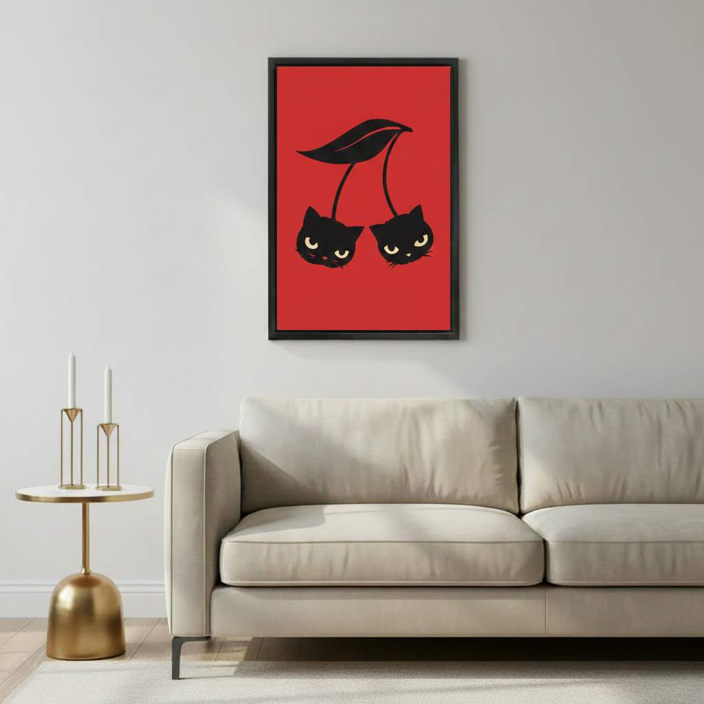 Bold black cat cherry wall art print in black frame above beige sofa with gold geometric candle holder side table in modern living room
