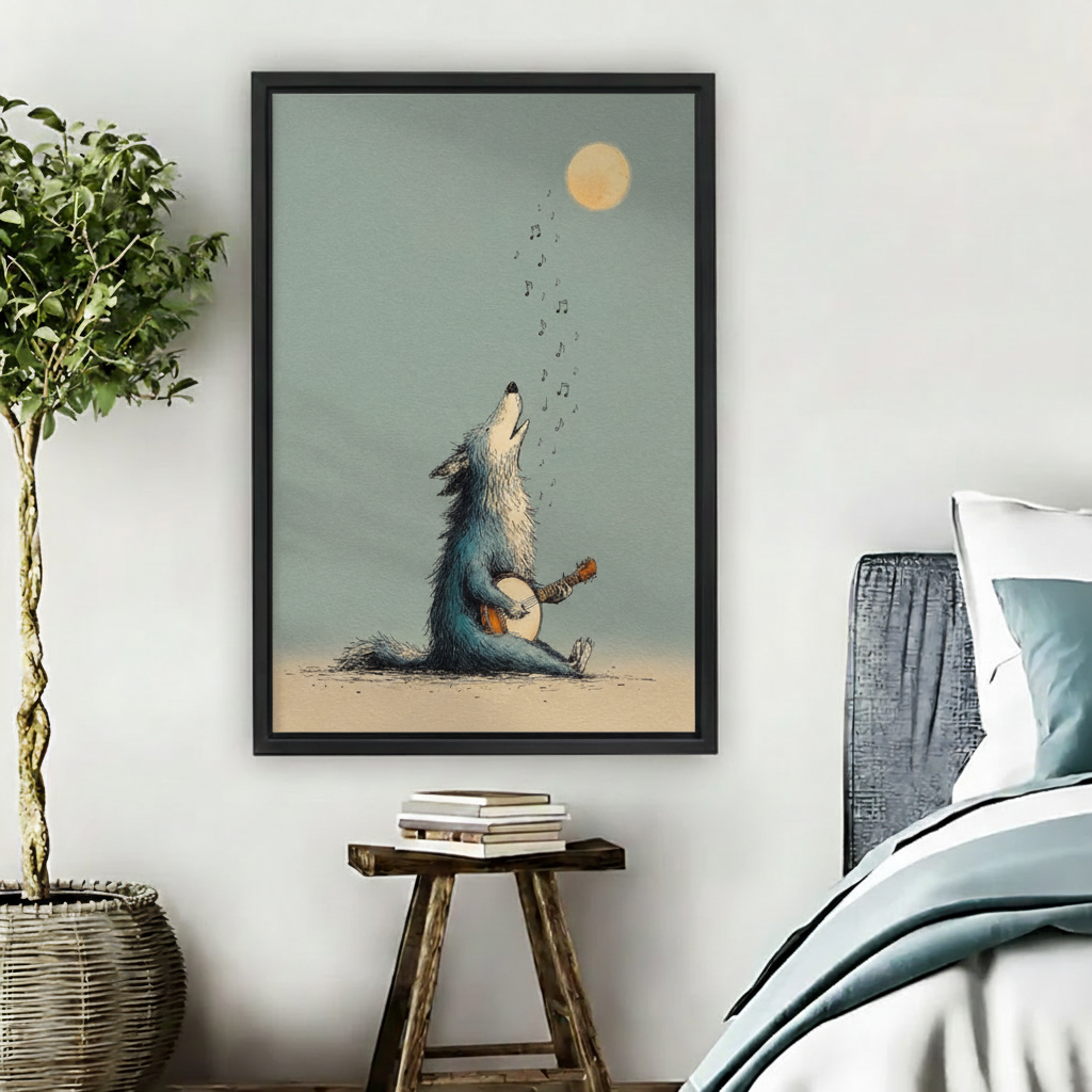 Whimsical wolf playing banjo under golden moon wall art print in black frame beside bed with wooden stool in cozy boho bedroom