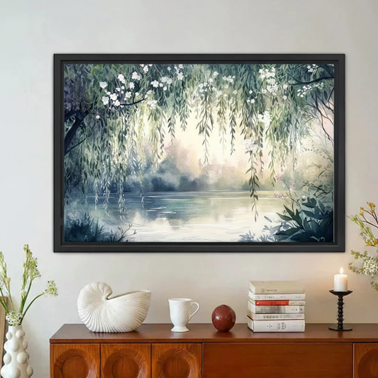 Willow Tree Lake Watercolor Landscape Framed Canvas Print|Liberty Signs#L1894