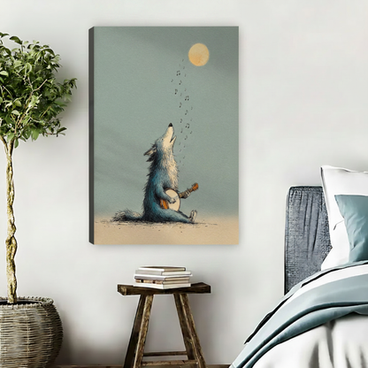 Howling wolf musician canvas wall art unframed beside bed with wooden stool and wicker basket in warm nature-inspired bedroom