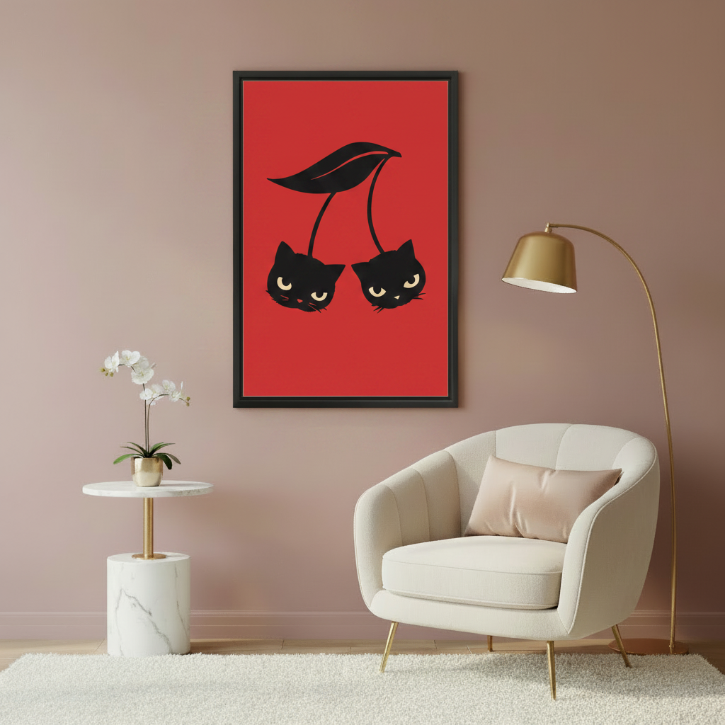 Grumpy black cat cherry red background wall art print in black frame on dusty pink wall above cream velvet armchair with gold arc floor lamp