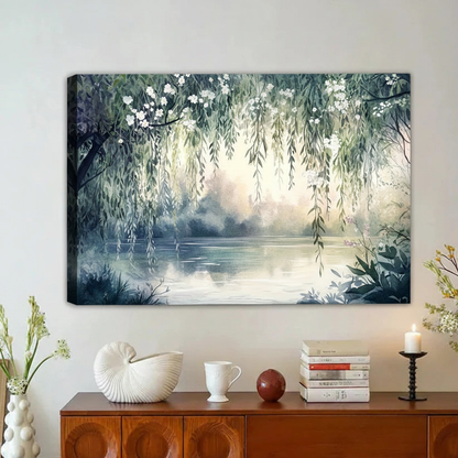 Willow Tree Lake Watercolor Landscape Framed Canvas Print|Liberty Signs#L1894