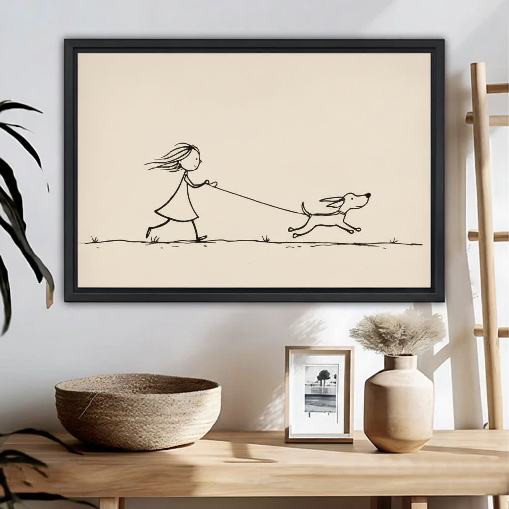 Minimalist girl walking dog line art print in black frame above wooden console table with woven bowl and ceramic vase decor