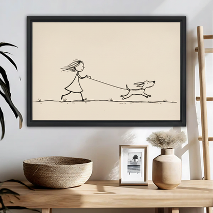 Minimalist girl walking dog line art print in black frame above wooden console table with woven bowl and ceramic vase decor