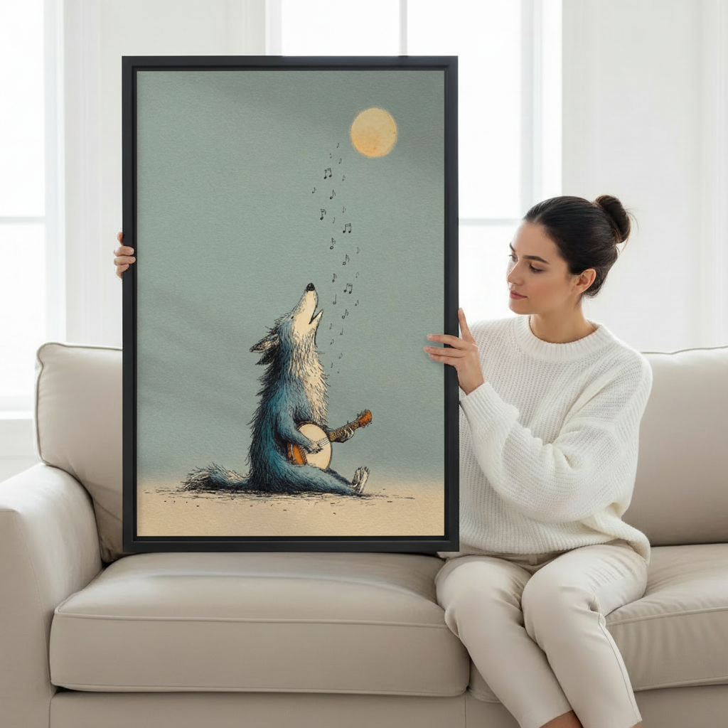 Woman holding large framed wolf playing banjo moonlight illustration art print showing actual print size on cream sofa