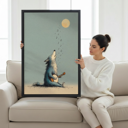 Woman holding large framed wolf playing banjo moonlight illustration art print showing actual print size on cream sofa