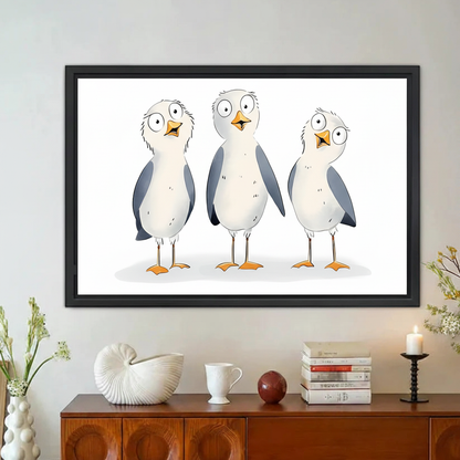 Funny Cartoon Seagull Trio Framed Canvas Wall Art Print|Liberty Signs#L1893