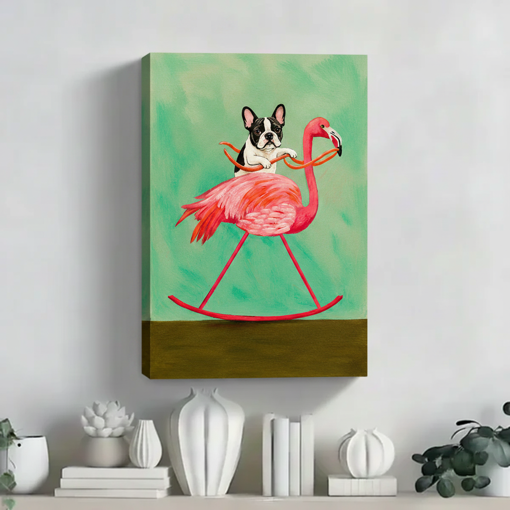 Whimsical French bulldog on flamingo rocking horse canvas wall art unframed on white shelf with sculptural vases in contemporary home decor
