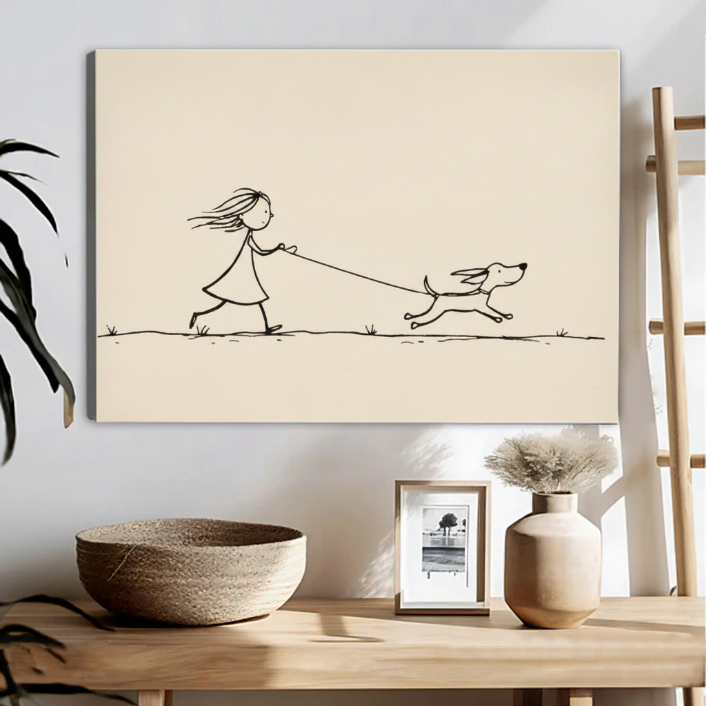 Simple line art float frame canvas of girl and dog walking displayed above wooden console table in warm Japandi-style home decor