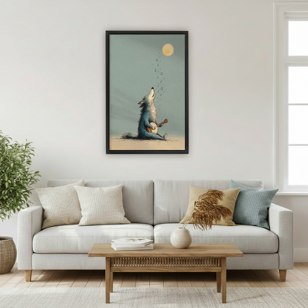 Whimsical wolf howling at moon with banjo wall art print in black frame above light grey sofa with rattan coffee table in Scandinavian living room