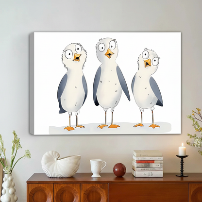 Funny Cartoon Seagull Trio Framed Canvas Wall Art Print|Liberty Signs#L1893