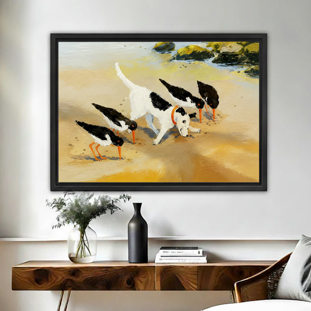 Dog and birds beach oil painting framed canvas wall art, coastal home decor