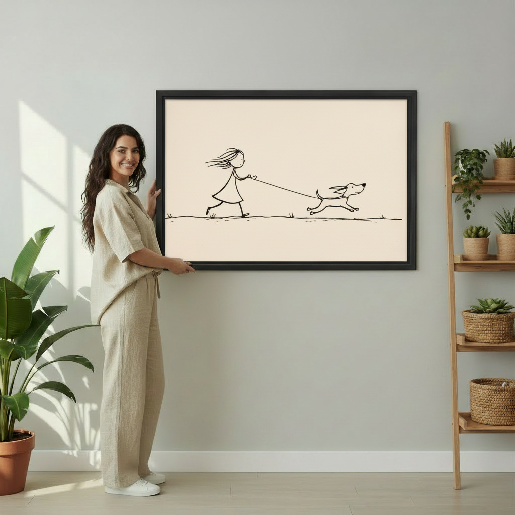 Woman holding large framed minimalist girl walking dog line drawing art print showing actual print size in bright plant-filled room