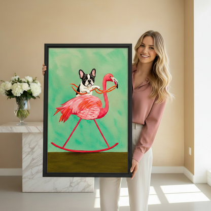 Woman holding large framed French bulldog riding flamingo oil painting art print showing actual print size in bright beige hallway with white roses