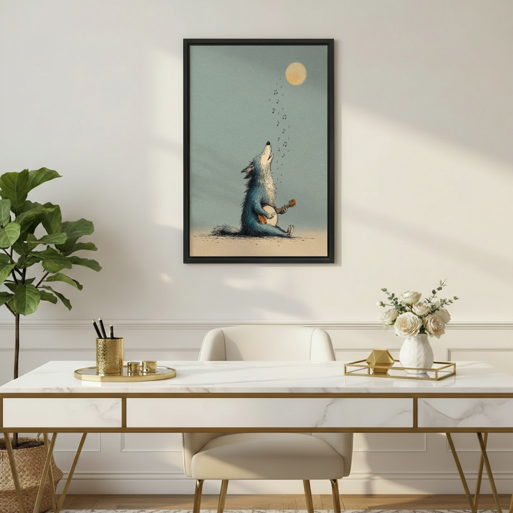 Wolf playing banjo under golden moon illustration wall art print in black frame above marble gold-leg desk with white roses in elegant home office