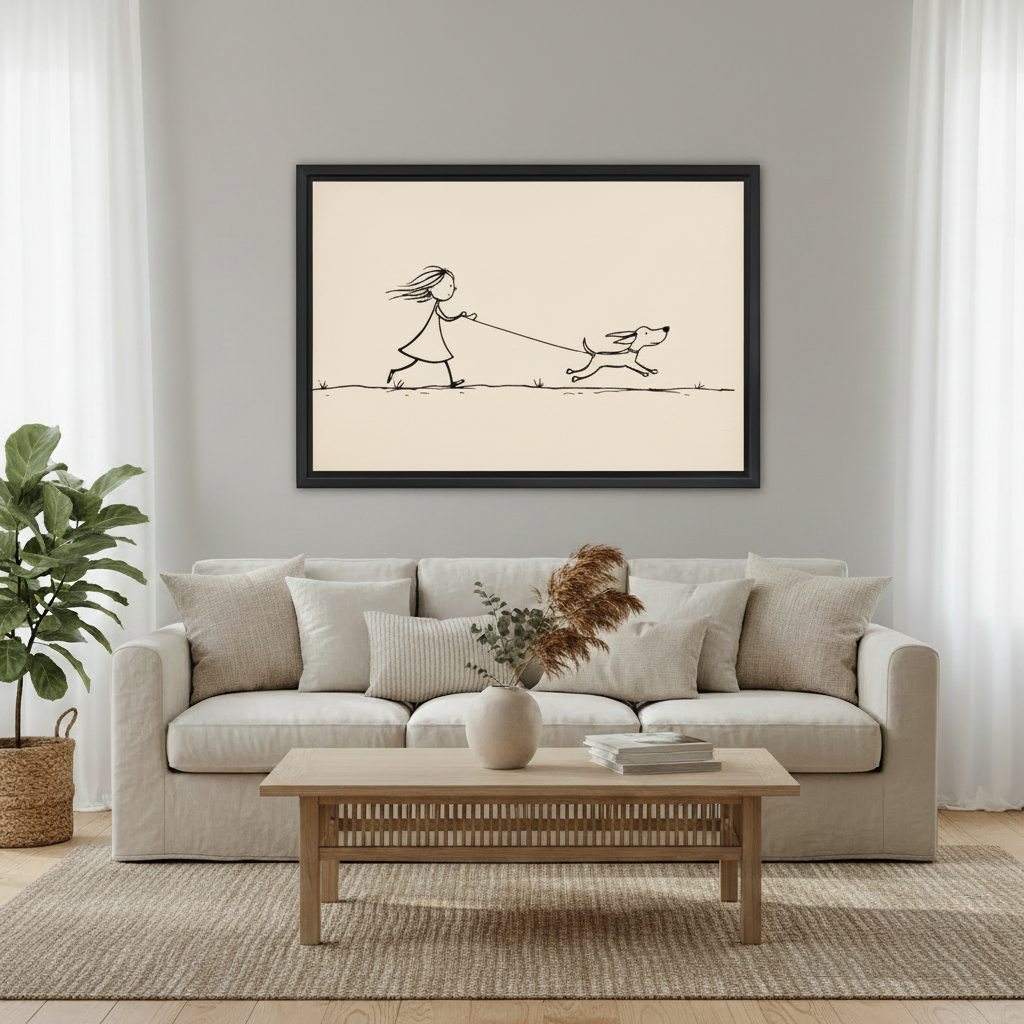 Minimalist dog walking line art wall print in black frame above beige linen sofa in Scandinavian living room with rattan coffee table